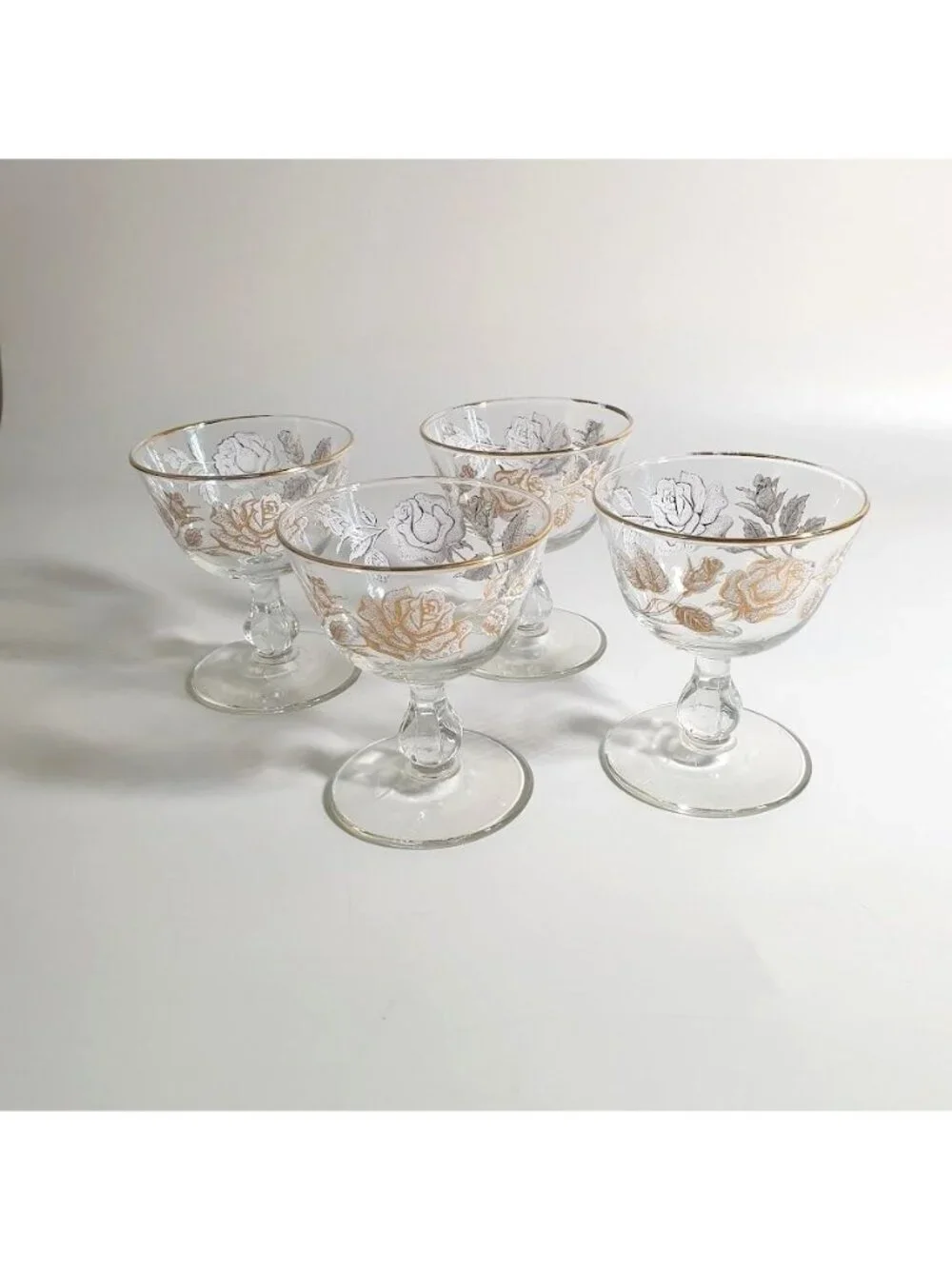 Vintage Floral Gold Trim Libbey Stemmed Glass Dessert Champagne Coupe Set of 4